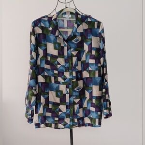Stunt Vintage 100% Silk  Abstract Geometric Blouse Size L